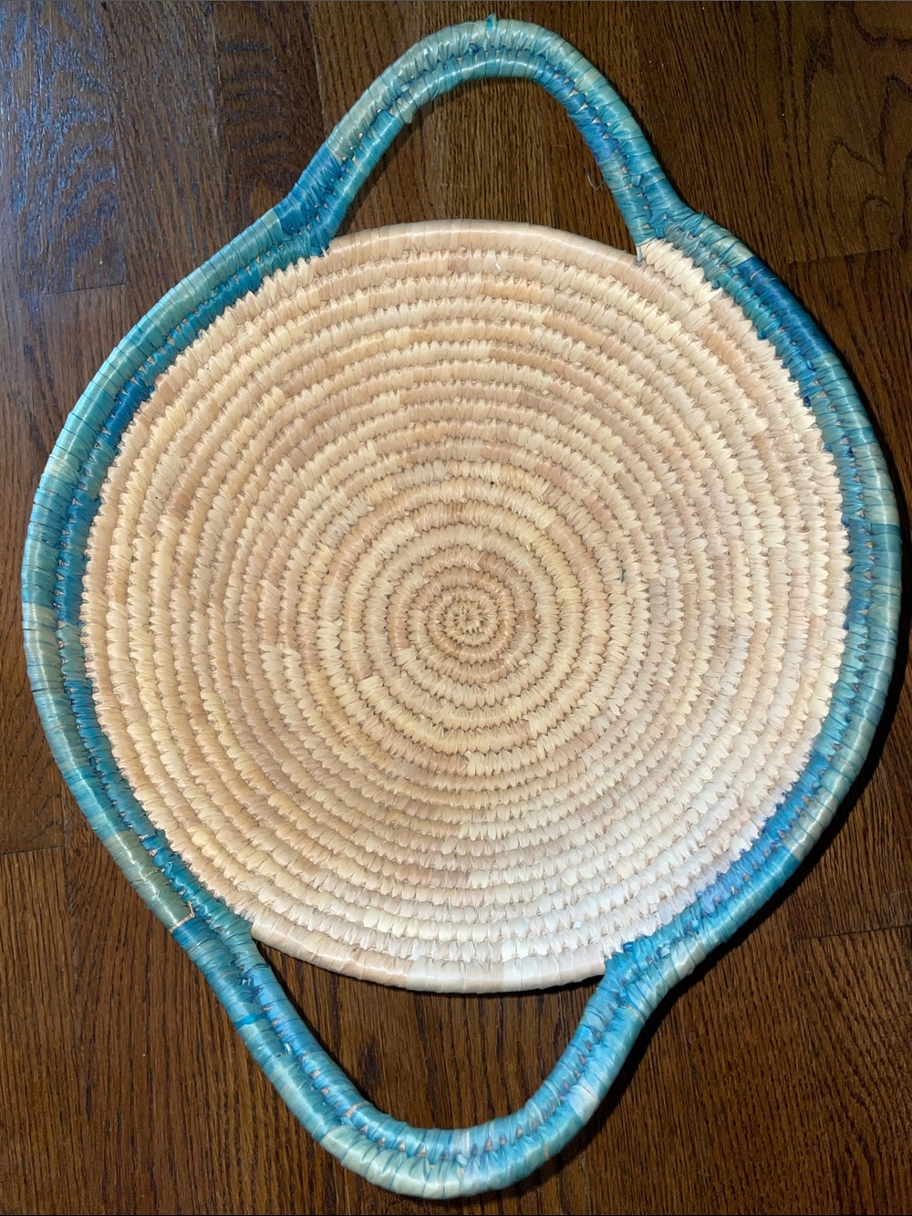 Handwoven African Straw Basket with Teal Trim